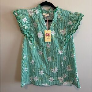 entro Green Striped Floral Ruffle Sleeve Top